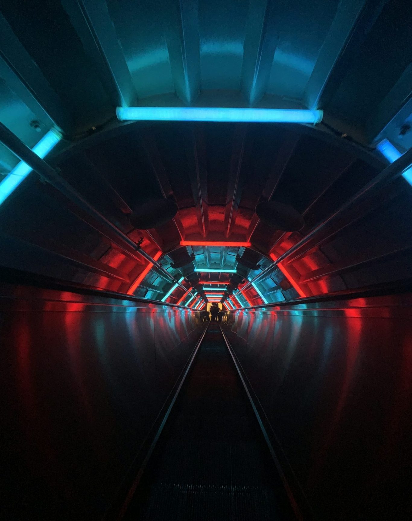 rabbit hole A futuristic tunnel illuminated with blue and red lights, leading into the distance.