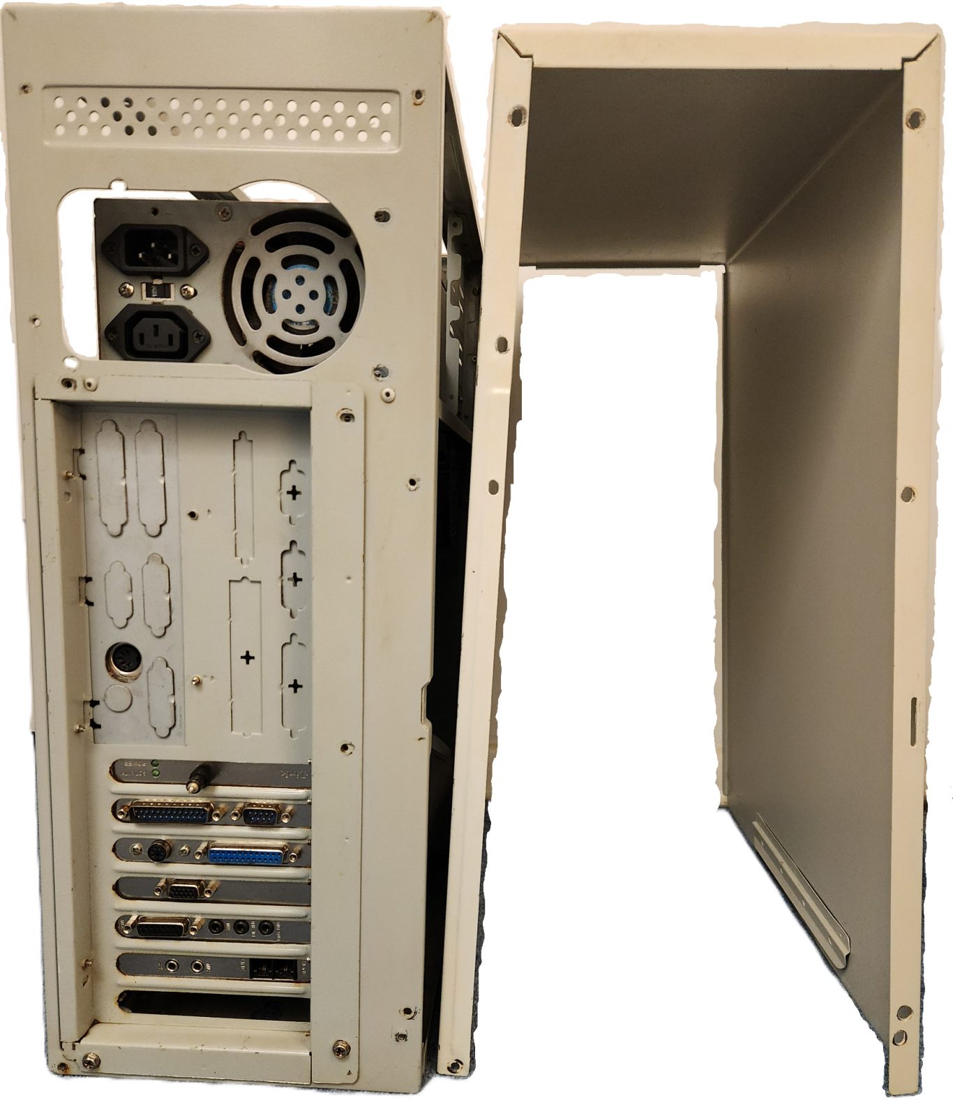 The computer after restoration (Rear View). A beige computer tower with a removable side panel and various connection ports.