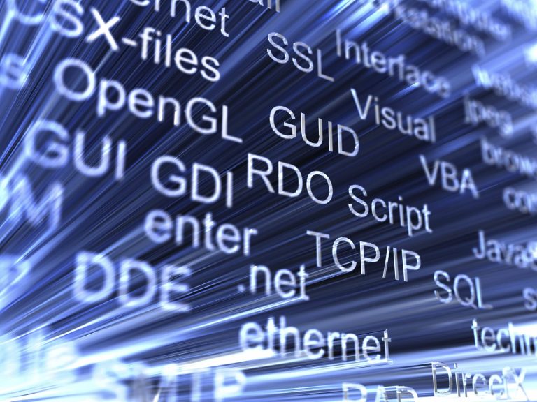 digital infrastructure Abstract design featuring a blue background with various programming and networking terms.