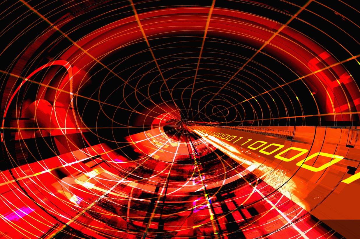 Holistic IT Abstract red and black swirling patterns with digital elements and glowing lines.